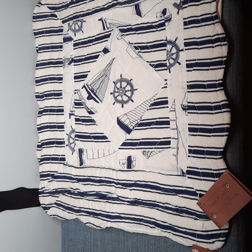 Set 2 Placemats Tablemat Quilted Cotton Navy Blue White 15" Square Nautical
